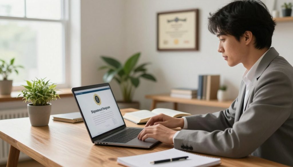 A bright and inviting modern home office with a focus on an elegant wooden desk. In the foreground, a young adult in professional attire, attentively reviewing an online diploma program on a sleek laptop. The middle ground features an open book with visible notes, a potted plant for a touch of nature, and a diploma framed on the wall, symbolizing academic achievement. In the background, a window lets in soft, ambient light, providing a warm, optimistic atmosphere. The scene is composed in a diagonal angle, enhancing depth and engagement, with soft shadows adding dimension to the workspace. The overall mood conveys motivation and professionalism, perfect for illustrating the benefits of accredited online diploma programs.