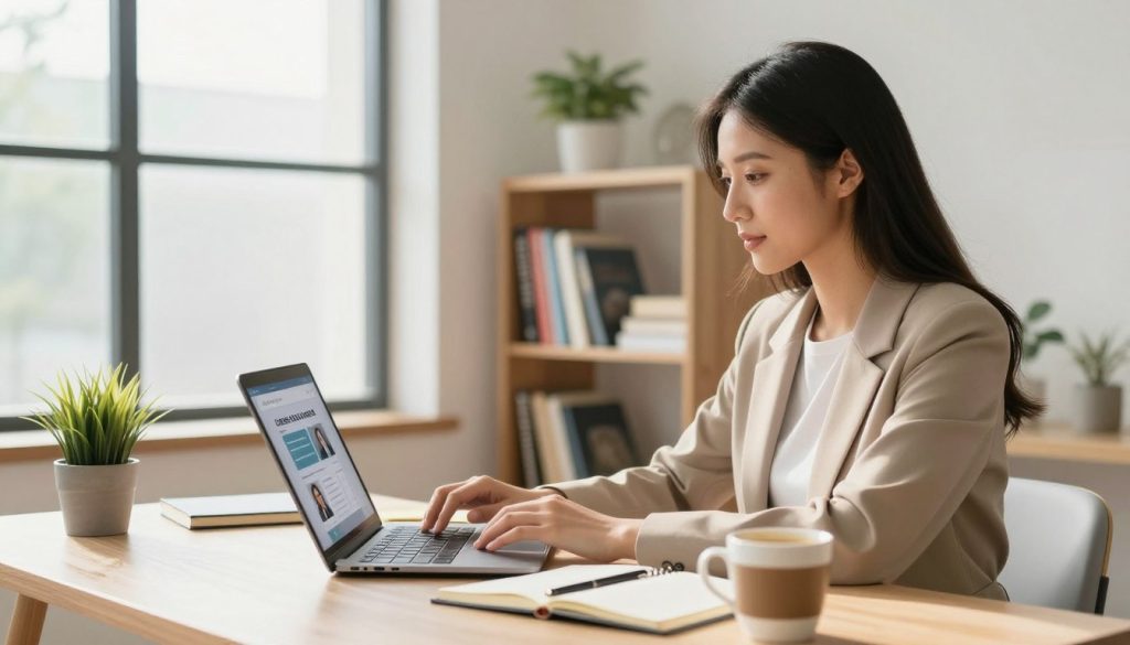 A bright and modern home office setting, featuring a sleek desk with a laptop open to an online career development course. In the foreground, a confident young professional in smart casual attire is focused on the screen, surrounded by notebooks and a cup of coffee. In the middle ground, a bookshelf is neatly organized with various career development books, and a small potted plant adds a touch of greenery. The background shows a large window, allowing natural light to flood the room, creating an inviting atmosphere. Use a warm color palette, with soft shadows to enhance the cozy and motivating mood of the space. The image should convey a sense of ambition and professional growth.