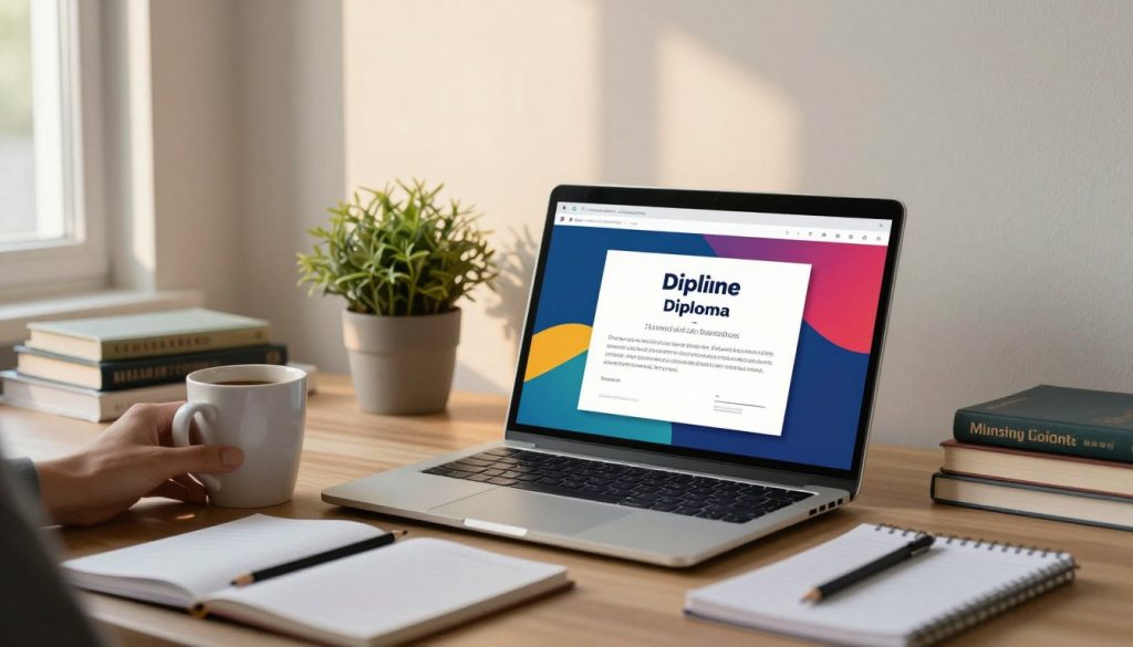 A cozy home office scene depicting a table with an open laptop displaying a vibrant online diploma on the screen. In the foreground, a hand reaches for a coffee mug with a pencil and notepad nearby, symbolizing study and organization. The middle ground features a decorative plant and neatly arranged books showcasing various fields of study. In the background, soft, natural light filters through a window, casting warm reflections on the wall, creating a productive and inviting atmosphere. The overall mood is inspiring and focused, highlighting the accessibility and affordability of online diploma courses. No people are present, ensuring a clean, distraction-free portrayal of the study environment.