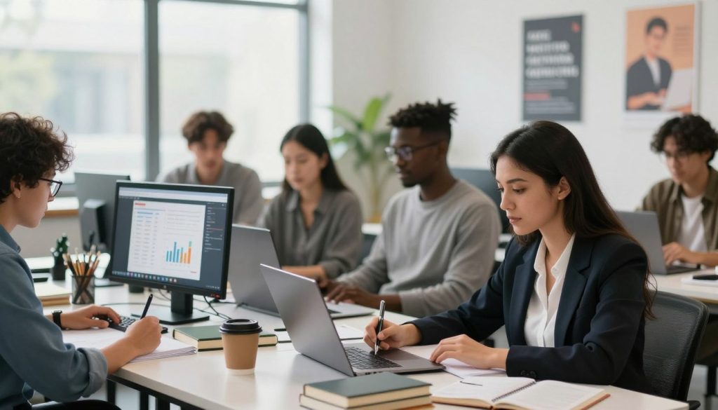 A dynamic workspace filled with diverse students engaged in online degree programs. In the foreground, a focused woman wearing business attire sits at her laptop, taking notes, surrounded by textbooks and a coffee cup. In the middle ground, a group of students collaborates on a project, displaying a blend of ethnicities, their screens showcasing online class interfaces and charts. The background features a bright and modern study area with large windows, natural light pouring in, and motivational posters on the walls. A sense of urgency and motivation permeates the atmosphere, evoking the theme of quick completion. Use a shallow depth of field for a soft blur effect on the background, highlighting the students' engagement with their studies.
