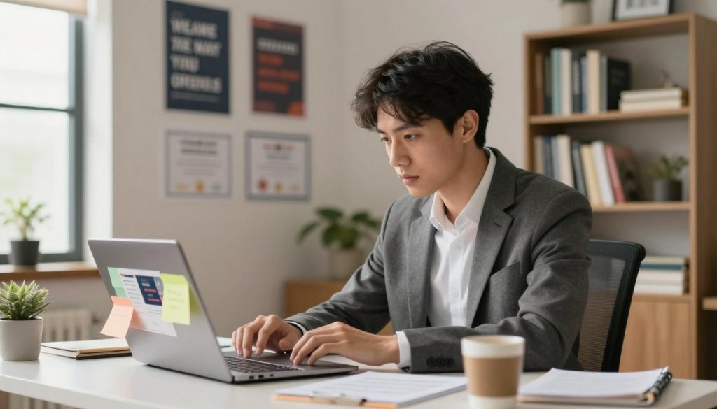 A focused young professional in business attire sits at a modern desk in an elegantly cluttered home office. The foreground features a laptop open to an online learning platform, displaying course materials, with colorful sticky notes and a cup of coffee nearby. In the middle ground, a wall is adorned with motivational posters and certificates, reflecting achievements and aspirations. The background is softly blurred, showcasing a bookshelf filled with career-related books and a window allowing warm, natural light to filter in, creating an inviting atmosphere. The scene conveys a mood of determination and balance, illustrating the journey of upskilling while managing full-time work.