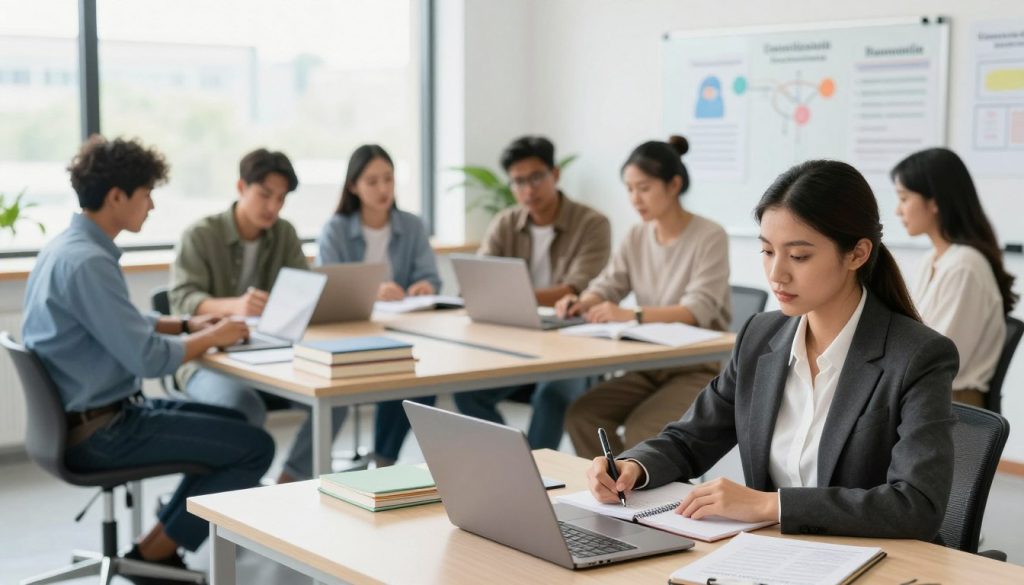 A modern, clean workspace showcasing a diverse group of professionals engaged in career advancement courses. In the foreground, a confident woman in smart business attire is taking notes at a desk, with a laptop open beside her. The middle ground features a diverse group of individuals in casual yet professional clothing, collaborating around a large table covered with books, laptops, and course materials. Bright, natural lighting floods the room through large windows, creating an uplifting atmosphere. In the background, a whiteboard displays diagrams and key points related to certification programs. The overall mood is focused and motivational, capturing the essence of professional development and teamwork in a contemporary educational setting.
