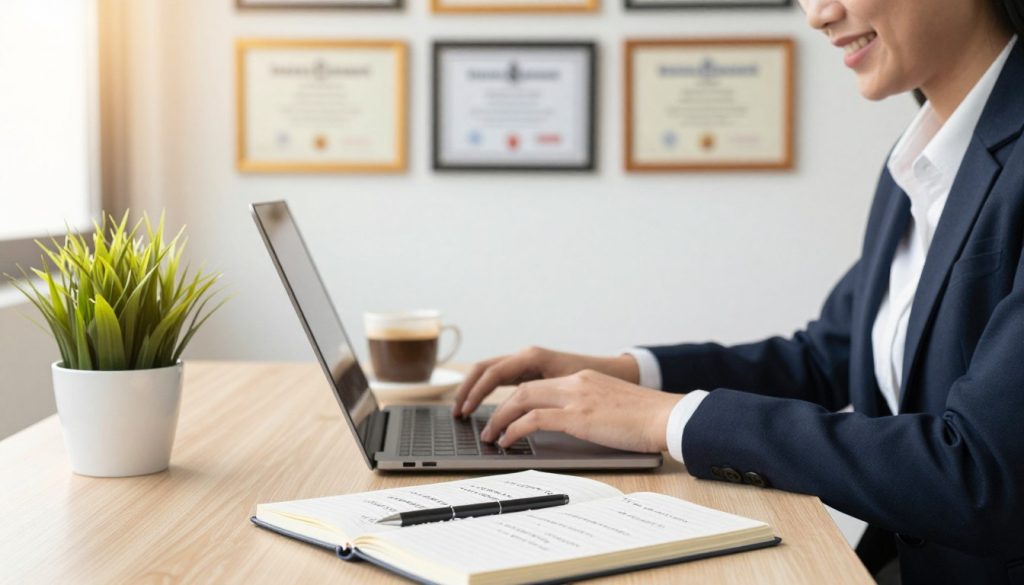 A modern desk setting featuring a professional businessperson in smart attire, seated at a laptop, engaged in online learning. In the foreground, an open notebook filled with notes on popular fields such as healthcare, technology, and education. The middle layer includes a vibrant plant and a cup of coffee, symbolizing a conducive study atmosphere. In the background, a soft-focus wall decorated with framed diplomas and certificates, illustrating academic achievements. The lighting is bright and inviting, mimicking natural sunlight filtering through a window to create a warm, motivating mood. Use a standard camera lens perspective to capture the details and depth of this inspiring and scholarly environment.