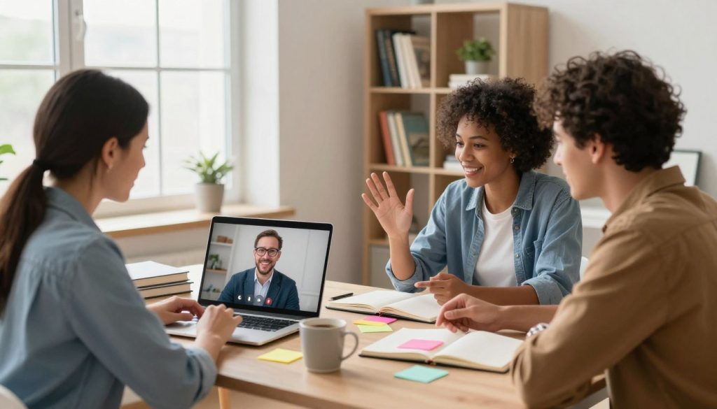 A modern home office scene illuminated by soft, natural light streaming in from a large window. In the foreground, a diverse group of three professionals in business casual attire is engaged in a video call on a laptop, discussing affordable online diploma courses. The middle ground features an open notebook with colorful sticky notes and a cup of coffee, symbolizing the study environment. In the background, a bookshelf filled with educational resources and a small plant adds a touch of life to the space. The overall mood is inviting and focused, conveying a sense of motivation and opportunity for personal growth. The composition should have a warm color palette, enhancing the atmosphere of flexibility and accessibility in education.