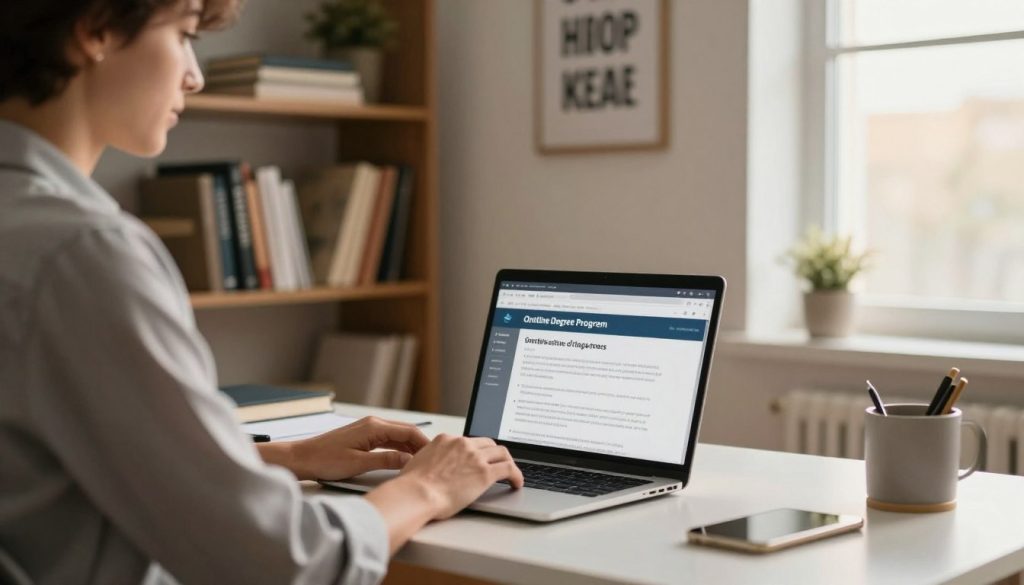 A modern home office setting, showcasing a professional working adult engaging in an online degree program. In the foreground, a focused person in business casual attire is sitting at a sleek desk with a laptop open, displaying educational materials. The middle layer features a bookshelf filled with textbooks and motivational quotes on the wall, symbolizing academic growth and ambition. In the background, a window allows warm, natural light to illuminate the room, creating a cozy yet productive atmosphere. A soft, neutral color palette enhances the inviting mood. The scene is captured from a slight angle, emphasizing the workspace and the engaged learner, conveying a sense of determination and clarity in educational goals.