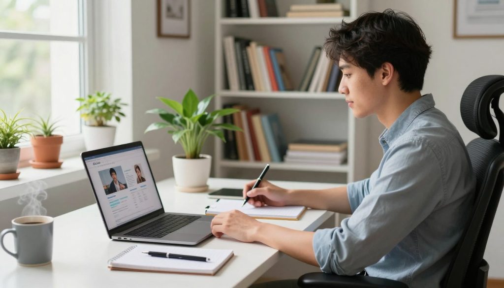 A modern home office setup emphasizing online learning. In the foreground, a clean desk featuring a sleek laptop displaying educational content, surrounded by a notebook, a pen, and a steaming mug of coffee. The middle section shows an ergonomic chair, vibrant potted plants, and an open window with soft natural light spilling in. The background features a well-organized bookshelf filled with textbooks on various subjects, adding an academic atmosphere. The lighting is bright and inviting, creating a warm, motivating vibe suitable for study. A professional individual in smart casual attire sitting at the desk, focused and engaged in learning, conveys a sense of readiness and determination. The overall mood is uplifting and inspiring, perfect for illustrating the concept of preparing for online education.