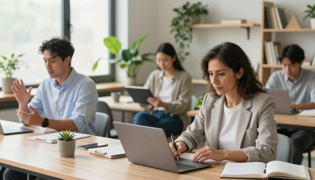 A modern, inviting workspace featuring a diverse group of adults engaged in an online degree program. In the foreground, a middle-aged woman in business casual attire is focused on her laptop, taking notes with a pen. To the left, a young man in a smart shirt is discussing ideas on a video call, while another adult sits comfortably with a tablet, looking at online course materials. In the background, a bright and airy room filled with plants and bookshelves conveys a sense of learning and inspiration. Soft, natural lighting filters through large windows, creating a warm atmosphere. The overall mood is productive and collaborative, emphasizing the flexibility and accessibility of online education for working adults.