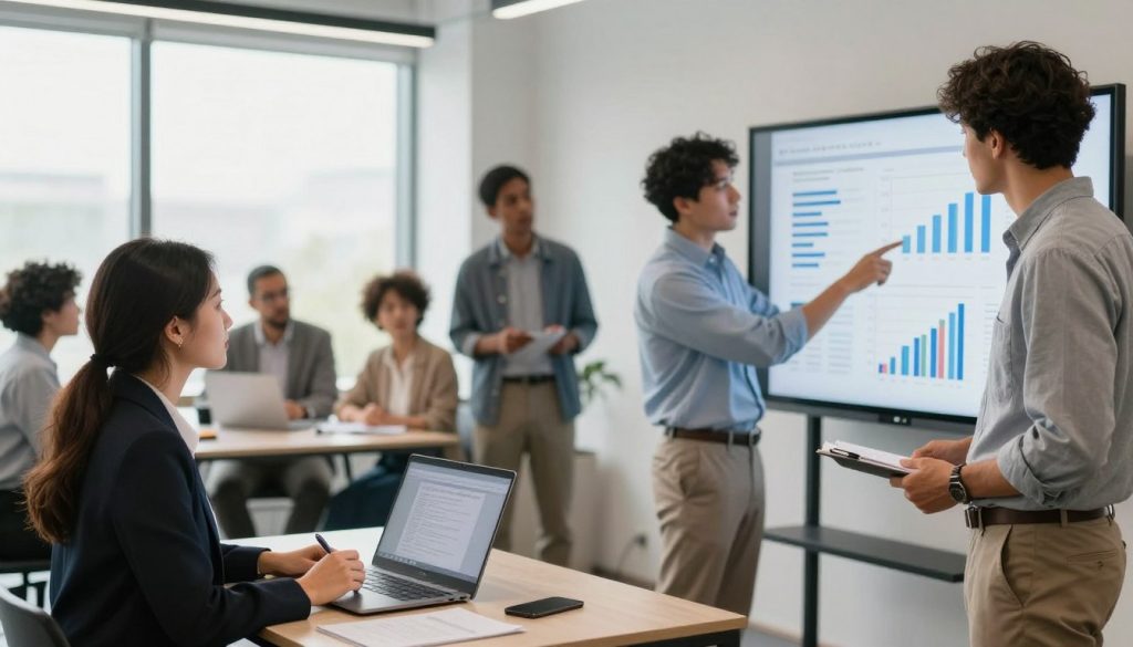 A modern office setting depicting a diverse group of professionals engaged in a career advancement course. In the foreground, a focused woman in business attire is taking notes on a laptop, while a man in a smart casual outfit points at a digital presentation screen filled with industry-related graphs and charts. The middle ground features a small group of engaged participants discussing in pairs, with diverse representation including various ethnicities and genders. The background reveals a sleek, contemporary office with large windows allowing natural light to flood the space, creating a bright and inspiring atmosphere. A soft focus on the background contrasts with the sharp content in the foreground. The scene conveys a sense of collaboration, motivation, and professional growth.