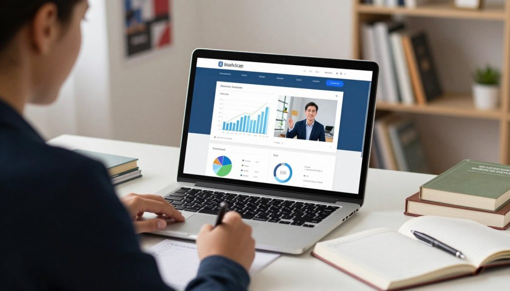 A modern online learning management system interface displayed on a laptop screen, set on a desk with study materials like textbooks and notebooks scattered around. In the foreground, a focused individual in professional business attire sits attentively, taking notes and engaging with the online course. The middle layer features the illuminated laptop screen with graphs and educational content vividly displayed, while the background includes a tidy, well-lit study space with bookshelves and motivational posters subtly enhancing the atmosphere. Soft, warm lighting creates an inviting and productive environment, with a shallow depth of field emphasizing the learner’s engagement. The overall mood conveys diligence and optimism for embarking on the journey of online education.
