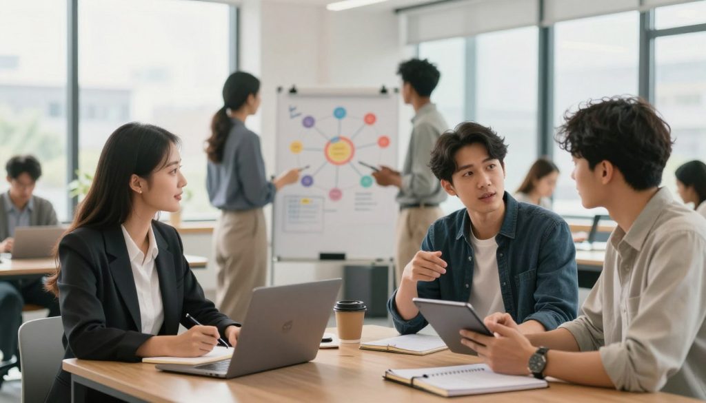 A modern workspace environment featuring a diverse group of individuals engaged in various career development activities. In the foreground, a confident woman in business attire is taking notes on a laptop, while a man in a smart-casual outfit discusses ideas with a colleague over a digital tablet. In the middle, a whiteboard filled with colorful diagrams and strategies for skill building and networking is visible, along with scattered notebooks and coffee cups. The background shows a bright, airy office with large windows letting in natural light, illustrating a positive and motivational atmosphere. The scene conveys a sense of learning, collaboration, and growth, ideal for beginners exploring career development courses. Soft daylight filters through, creating a warm and inviting ambiance.