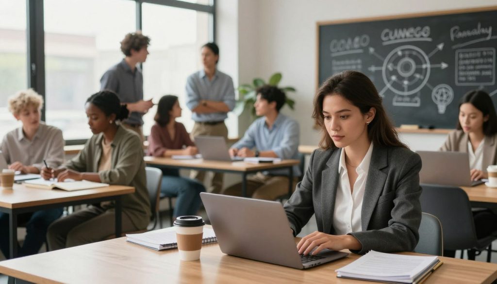 A modern workspace featuring diverse professionals engaged in career change courses. In the foreground, a confident woman in business attire is studying a laptop, surrounded by notebooks and a coffee cup, looking focused and inspired. The middle ground showcases a collaborative learning environment with a group of individuals discussing ideas, dressed in smart casual clothing, reflecting various cultures and ages, highlighting inclusivity. In the background, large windows allow natural light to pour in, illuminating a chalkboard filled with career-related diagrams and motivational quotes. The atmosphere is energetic and encouraging, emphasizing growth and transformation, with soft, warm lighting to create an inviting vibe. The scene is captured at a slight upward angle to convey ambition and aspiration.