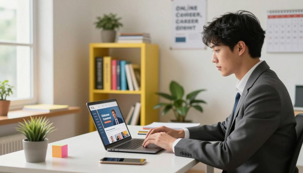 A professional workspace showcasing the concept of online courses for career growth. In the foreground, a focused young professional in business attire sits at a sleek desk, engaging with a laptop displaying an online course interface. In the middle, a vibrant bookshelf filled with career development books, colorful notepads, and a plant adds depth. The background features a soft-focus window with natural light streaming in, creating a warm and inviting atmosphere. The room is decorated with motivational posters and a calendar, emphasizing growth and learning. The overall mood is inspiring and productive, conveying the promise of career advancement through education. Soft, diffused lighting highlights the subject while maintaining a clean and organized aesthetic.