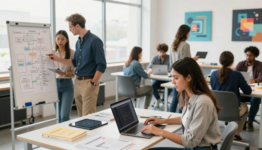 A vibrant co-working space filled with diverse professionals engaged in various technical skills development activities. In the foreground, a young woman works intently on a laptop, wearing smart, casual attire. Nearby, a group of people, including a middle-aged man with glasses, collaborates around a whiteboard showcasing diagrams and flow charts. The middle ground features learning materials like textbooks and tablets, paired with an open laptop displaying coding software. In the background, large windows allow natural light to flood the space, creating a bright and inviting atmosphere. The walls are adorned with abstract technology-themed art. Capture the scene from a slightly elevated angle to emphasize the collaborative spirit, conveying a sense of motivation and professional growth.