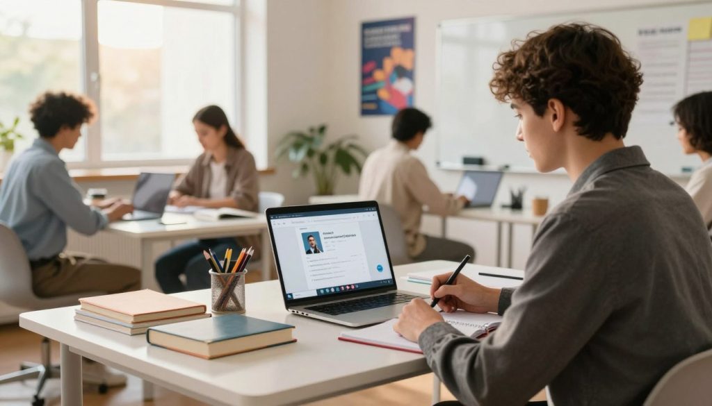 A vibrant online learning environment, showcasing diverse students engaging with their laptops. In the foreground, a focused student in professional business attire sits at a sleek desk, taking notes while video conferencing with peers on a digital screen. The middle section features an open laptop displaying an interactive online course platform, surrounded by books and stationery, evoking a sense of productivity. In the background, bright and modern classroom elements, such as motivational posters and a whiteboard, hint at a collaborative learning atmosphere. Soft, warm lighting filters through a large window, casting a welcoming glow. The overall mood is upbeat and inspiring, reflecting the fast-paced nature of expedited online degree programs. The angle is slightly tilted to create a dynamic perspective, emphasizing engagement and focus in a cozy study space.