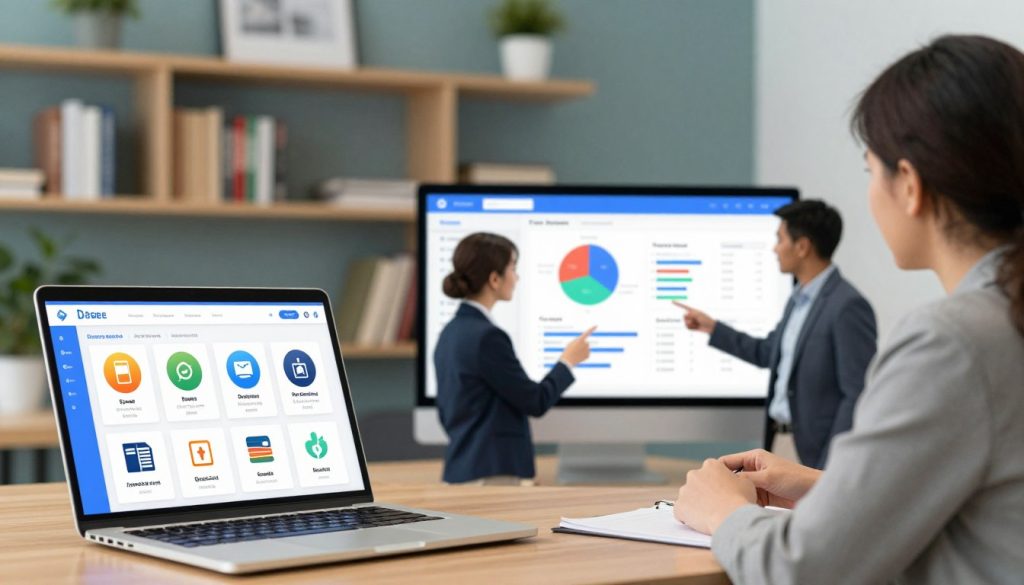 A visually engaging and informative illustration featuring a split-screen comparison of various online degree programs. In the foreground, show a laptop with a vibrant and user-friendly interface displaying different degree options, each with icons for speed, flexibility, and quality. The middle layer should depict a diverse group of 3-4 professionals, dressed in smart business attire, engaging in discussion while pointing at charts on a digital screen showcasing program comparison metrics. In the background, create a modern office setting with a soft-focus bookshelf filled with educational literature and a calming color palette of blues and greens, providing a professional yet inviting atmosphere. The lighting is warm and inviting, creating a sense of motivation and clarity.