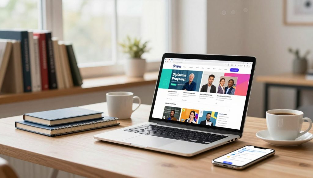 A visually engaging workspace showcasing a selection of online diploma programs. In the foreground, an open laptop displays a colorful, user-friendly online learning platform with various accredited course options. Beside the laptop, there are neatly arranged notebooks, a cup of coffee, and a smartphone displaying educational reminders. In the middle ground, a shelf is filled with books on professional development and online education. The background features a large window with soft, natural lighting flowing in, illuminating the workspace and creating a warm, inviting atmosphere. A subtle nod to digital technology, like an abstract circuit pattern on the wall, enhances the modern feel. The mood is focused and inspirational, perfect for individuals seeking to advance their education.