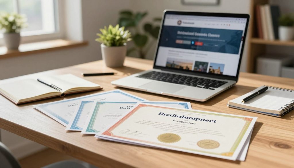 A well-organized workspace featuring a stack of professional development course certificates prominently displayed in the foreground. Each certificate is detailed, showcasing vibrant colors, elegant borders, and realistic textures. In the middle ground, a sleek laptop is open, displaying an online course platform on its screen, surrounded by notebooks and a pen, suggesting an active learning environment. The background includes a softly blurred office ambiance with shelves of books and plants, creating a warm, inviting atmosphere. Natural light streams through a window, casting gentle shadows and highlighting the certificates. The overall mood is focused and inspiring, emphasizing the value of continuous learning and professional growth, with no people present.